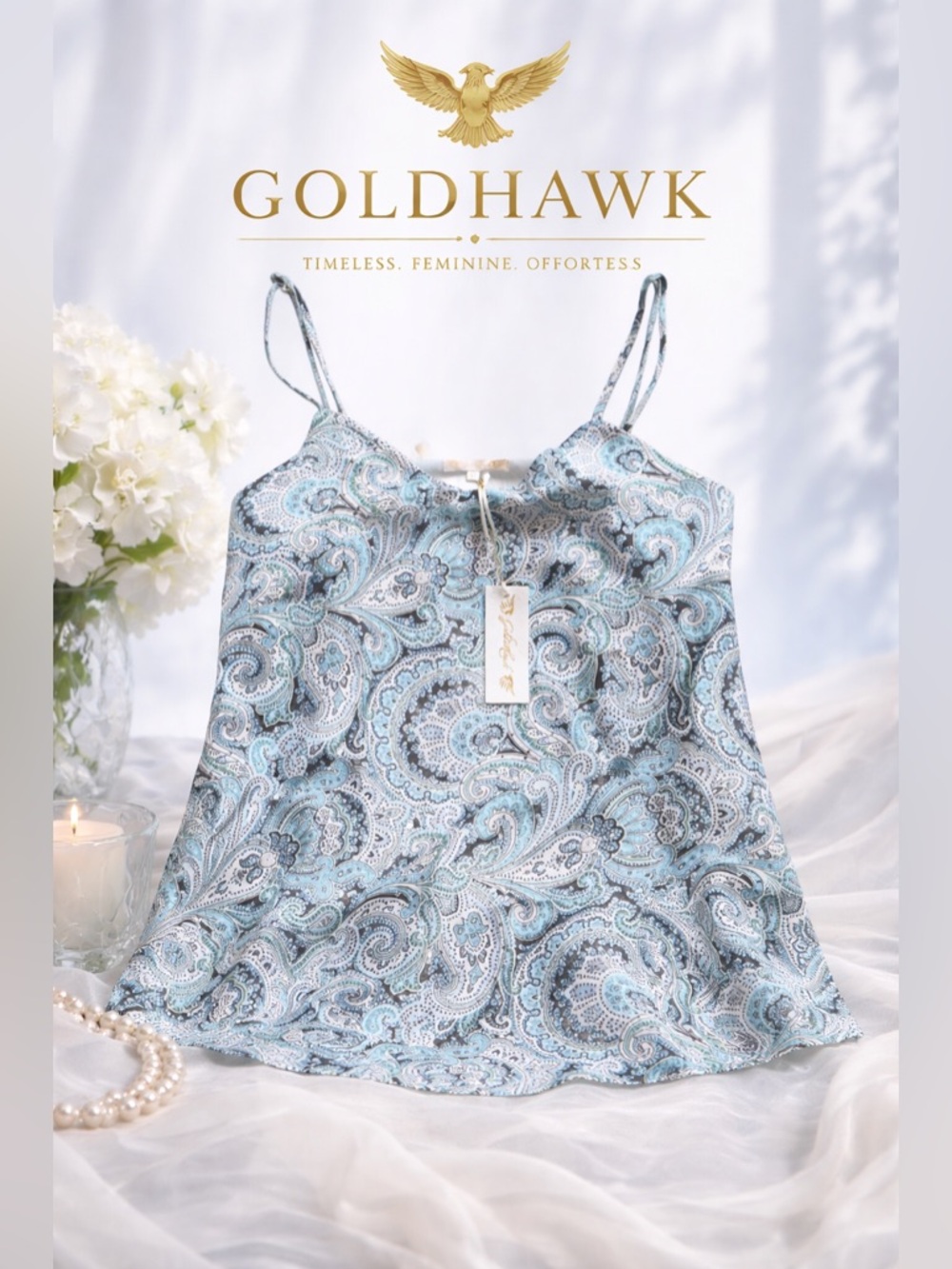 NWT Gold Hawk Paisley 100% Silk Cami- Indigo Blue Paisley Size Medium